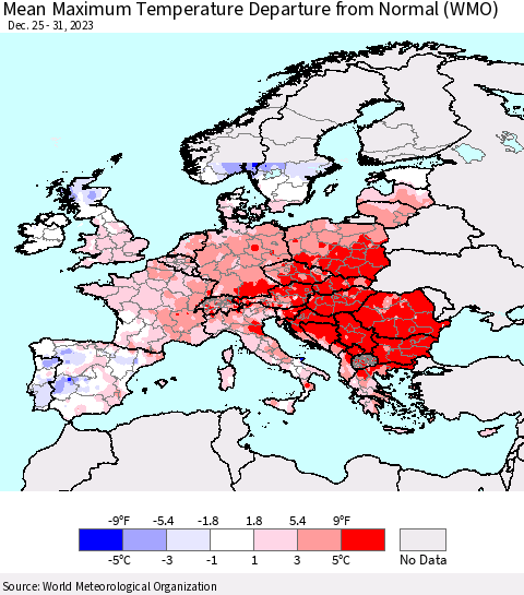 Europe Mean Maximum Temperature Departure from Normal (WMO) Thematic Map For 12/25/2023 - 12/31/2023