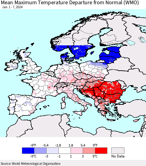Europe Mean Maximum Temperature Departure from Normal (WMO) Thematic Map For 1/1/2024 - 1/7/2024
