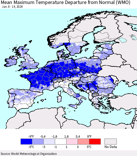 Europe Mean Maximum Temperature Departure from Normal (WMO) Thematic Map For 1/8/2024 - 1/14/2024