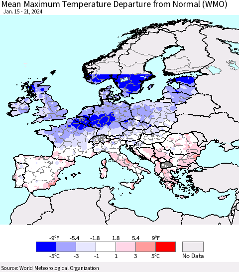 Europe Mean Maximum Temperature Departure from Normal (WMO) Thematic Map For 1/15/2024 - 1/21/2024