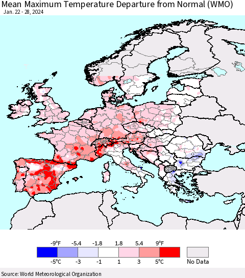 Europe Mean Maximum Temperature Departure from Normal (WMO) Thematic Map For 1/22/2024 - 1/28/2024