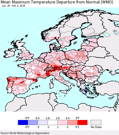 Europe Mean Maximum Temperature Departure from Normal (WMO) Thematic Map For 1/29/2024 - 2/4/2024