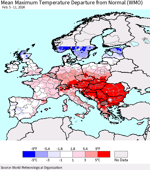 Europe Mean Maximum Temperature Departure from Normal (WMO) Thematic Map For 2/5/2024 - 2/11/2024