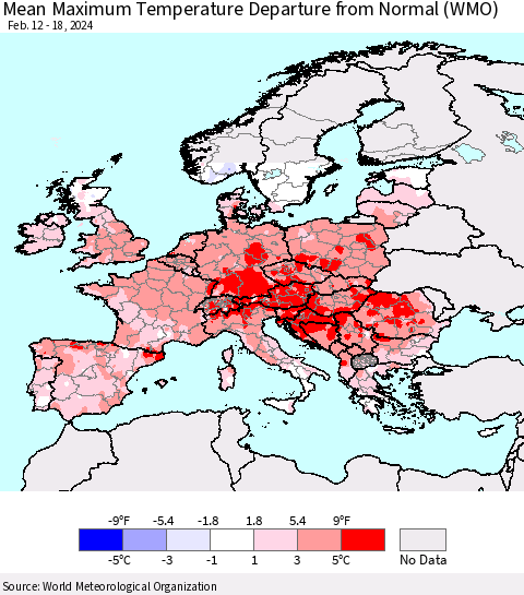Europe Mean Maximum Temperature Departure from Normal (WMO) Thematic Map For 2/12/2024 - 2/18/2024