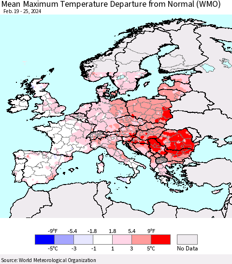 Europe Mean Maximum Temperature Departure from Normal (WMO) Thematic Map For 2/19/2024 - 2/25/2024