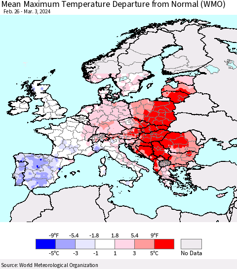 Europe Mean Maximum Temperature Departure from Normal (WMO) Thematic Map For 2/26/2024 - 3/3/2024