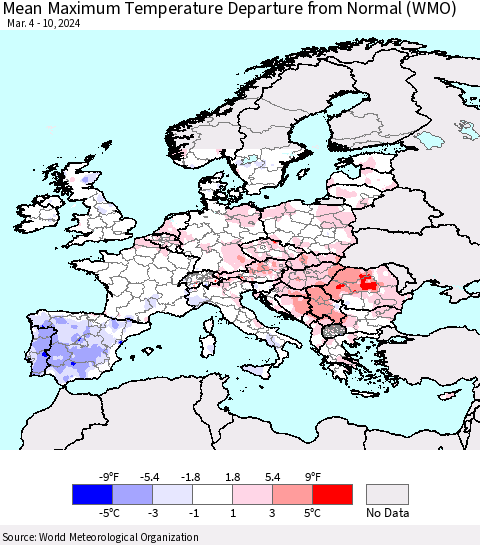 Europe Mean Maximum Temperature Departure from Normal (WMO) Thematic Map For 3/4/2024 - 3/10/2024