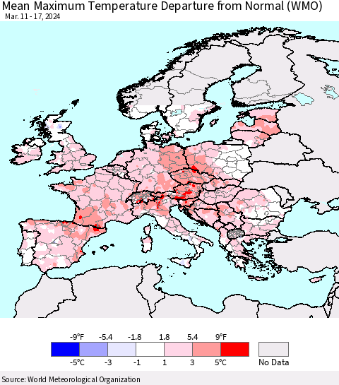 Europe Mean Maximum Temperature Departure from Normal (WMO) Thematic Map For 3/11/2024 - 3/17/2024