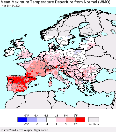 Europe Mean Maximum Temperature Departure from Normal (WMO) Thematic Map For 3/18/2024 - 3/24/2024