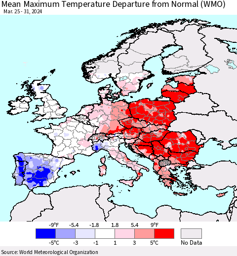 Europe Mean Maximum Temperature Departure from Normal (WMO) Thematic Map For 3/25/2024 - 3/31/2024
