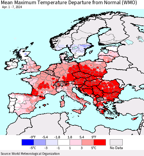 Europe Mean Maximum Temperature Departure from Normal (WMO) Thematic Map For 4/1/2024 - 4/7/2024