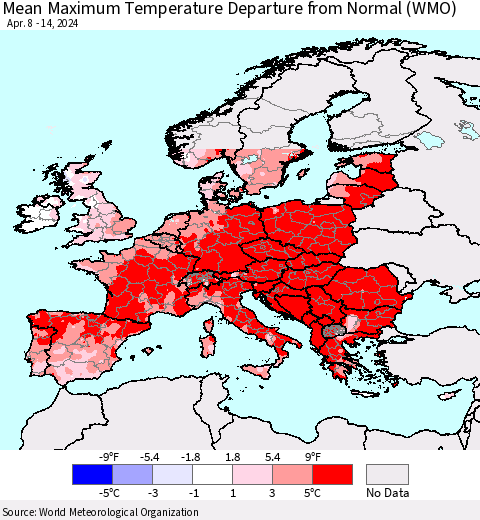 Europe Mean Maximum Temperature Departure from Normal (WMO) Thematic Map For 4/8/2024 - 4/14/2024
