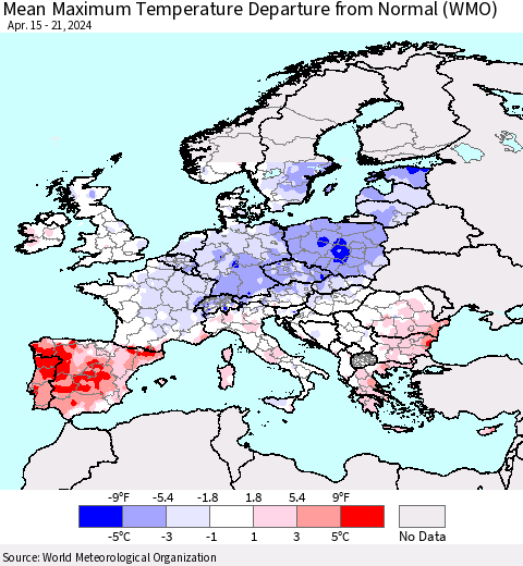 Europe Mean Maximum Temperature Departure from Normal (WMO) Thematic Map For 4/15/2024 - 4/21/2024