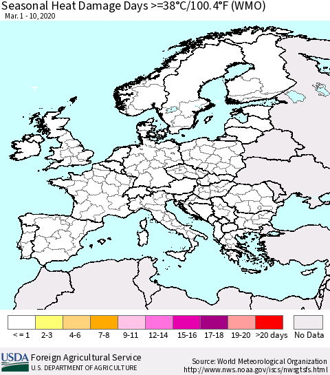Europe Seasonal Heat Damage Days >=38°C/100°F (WMO) Thematic Map For 3/1/2020 - 3/10/2020