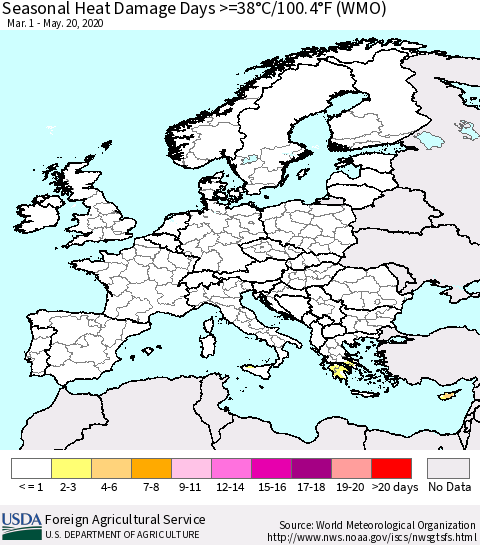Europe Seasonal Heat Damage Days >=38°C/100°F (WMO) Thematic Map For 3/1/2020 - 5/20/2020