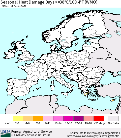 Europe Seasonal Heat Damage Days >=38°C/100°F (WMO) Thematic Map For 3/1/2020 - 6/10/2020