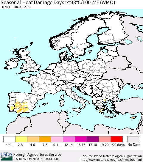 Europe Seasonal Heat Damage Days >=38°C/100°F (WMO) Thematic Map For 3/1/2020 - 6/30/2020