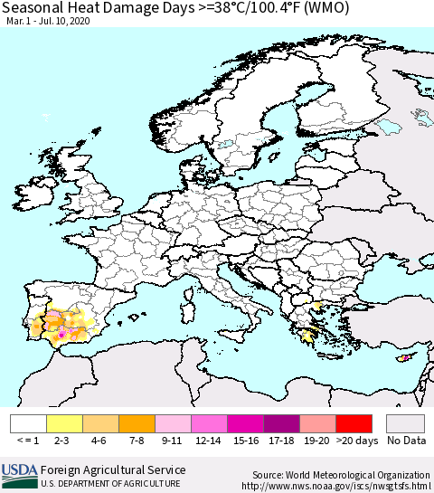 Europe Seasonal Heat Damage Days >=38°C/100°F (WMO) Thematic Map For 3/1/2020 - 7/10/2020