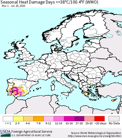Europe Seasonal Heat Damage Days >=38°C/100°F (WMO) Thematic Map For 3/1/2020 - 7/20/2020