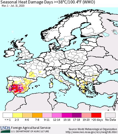 Europe Seasonal Heat Damage Days >=38°C/100°F (WMO) Thematic Map For 3/1/2020 - 7/31/2020
