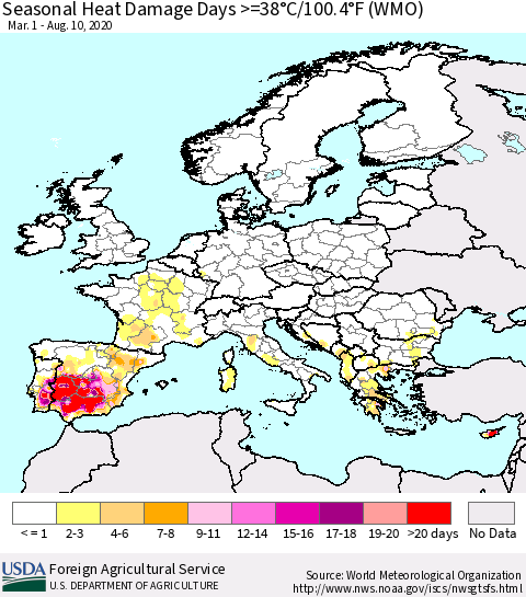 Europe Seasonal Heat Damage Days >=38°C/100°F (WMO) Thematic Map For 3/1/2020 - 8/10/2020