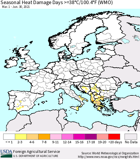 Europe Seasonal Heat Damage Days >=38°C/100°F (WMO) Thematic Map For 3/1/2021 - 6/30/2021