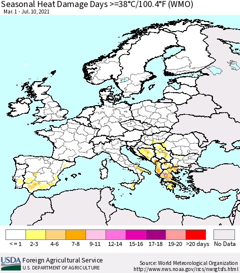 Europe Seasonal Heat Damage Days >=38°C/100°F (WMO) Thematic Map For 3/1/2021 - 7/10/2021