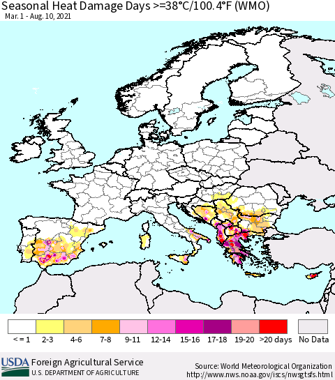 Europe Seasonal Heat Damage Days >=38°C/100°F (WMO) Thematic Map For 3/1/2021 - 8/10/2021