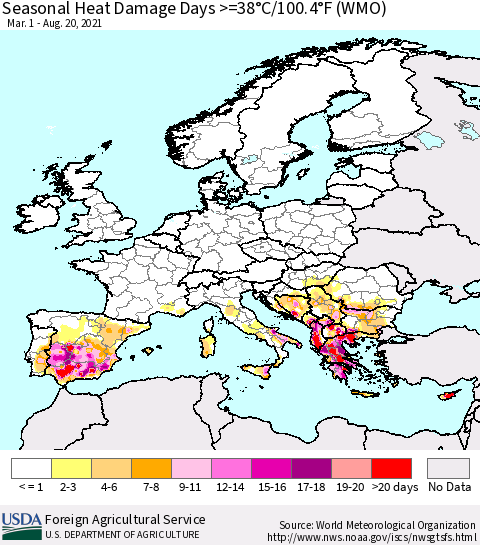 Europe Seasonal Heat Damage Days >=38°C/100°F (WMO) Thematic Map For 3/1/2021 - 8/20/2021