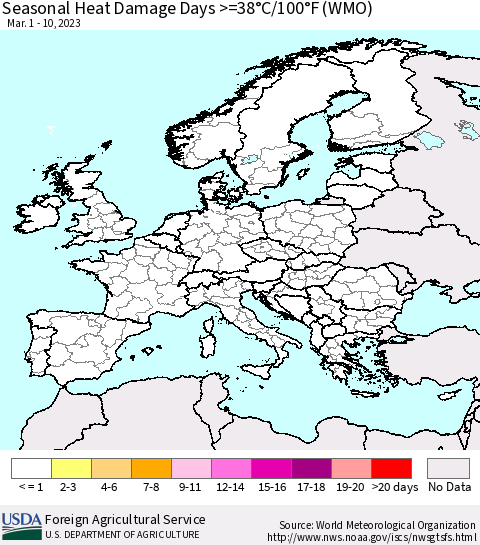 Europe Seasonal Heat Damage Days >=38°C/100°F (WMO) Thematic Map For 3/1/2023 - 3/10/2023