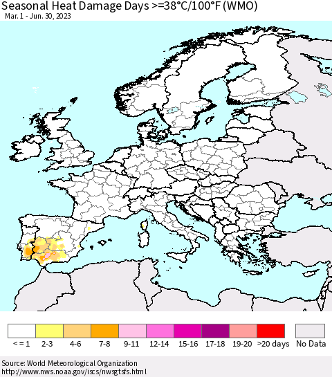 Europe Seasonal Heat Damage Days >=38°C/100°F (WMO) Thematic Map For 3/1/2023 - 6/30/2023