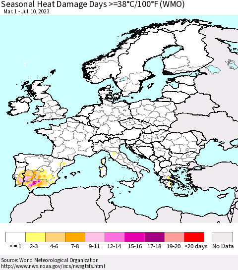 Europe Seasonal Heat Damage Days >=38°C/100°F (WMO) Thematic Map For 3/1/2023 - 7/10/2023