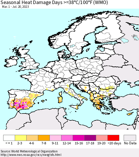 Europe Seasonal Heat Damage Days >=38°C/100°F (WMO) Thematic Map For 3/1/2023 - 7/20/2023