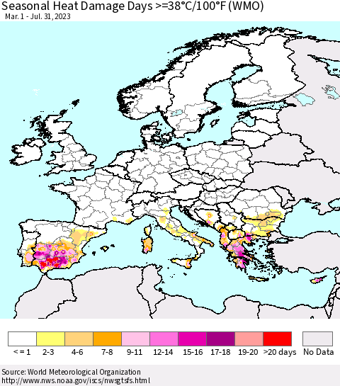Europe Seasonal Heat Damage Days >=38°C/100°F (WMO) Thematic Map For 3/1/2023 - 7/31/2023