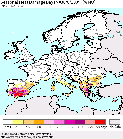 Europe Seasonal Heat Damage Days >=38°C/100°F (WMO) Thematic Map For 3/1/2023 - 8/10/2023