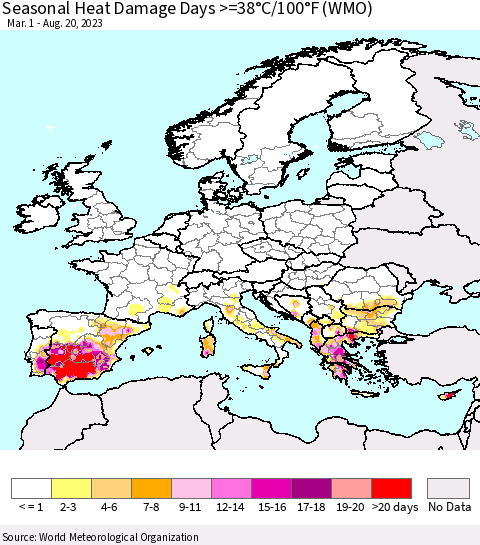 Europe Seasonal Heat Damage Days >=38°C/100°F (WMO) Thematic Map For 3/1/2023 - 8/20/2023