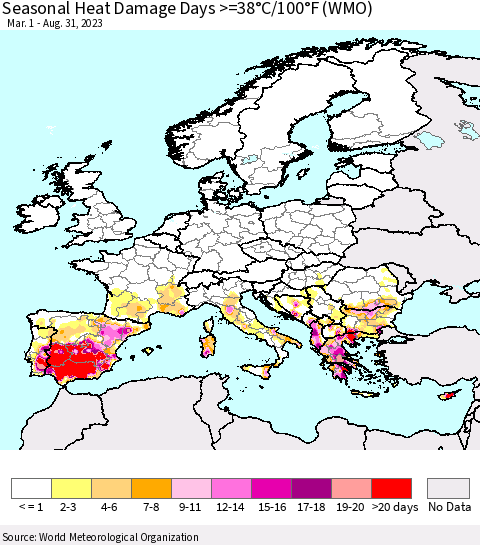Europe Seasonal Heat Damage Days >=38°C/100°F (WMO) Thematic Map For 3/1/2023 - 8/31/2023