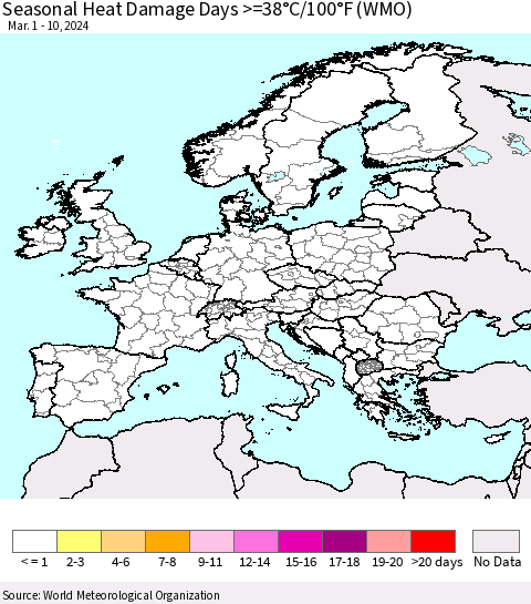 Europe Seasonal Heat Damage Days >=38°C/100°F (WMO) Thematic Map For 3/1/2024 - 3/10/2024