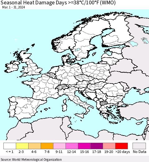 Europe Seasonal Heat Damage Days >=38°C/100°F (WMO) Thematic Map For 3/1/2024 - 3/31/2024