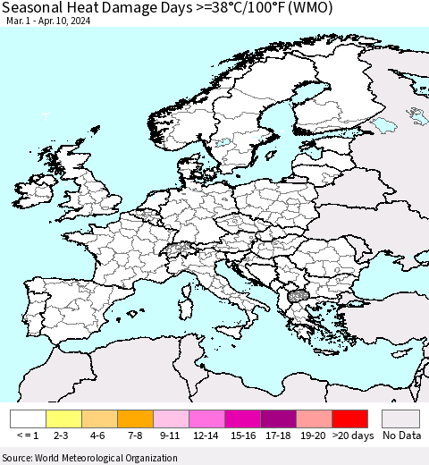 Europe Seasonal Heat Damage Days >=38°C/100°F (WMO) Thematic Map For 3/1/2024 - 4/10/2024
