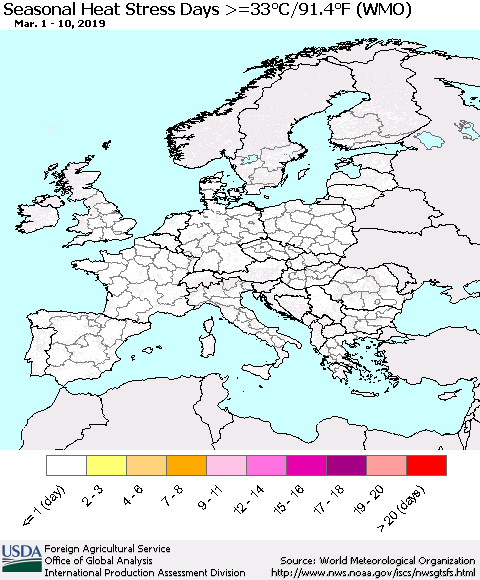 Europe Seasonal Heat Stress Days >=35°C/95°F (WMO) Thematic Map For 3/1/2019 - 3/10/2019