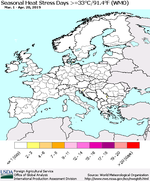 Europe Seasonal Heat Stress Days >=35°C/95°F (WMO) Thematic Map For 3/1/2019 - 4/20/2019