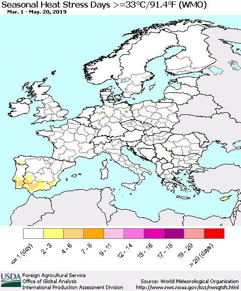 Europe Seasonal Heat Stress Days >=35°C/95°F (WMO) Thematic Map For 3/1/2019 - 5/20/2019