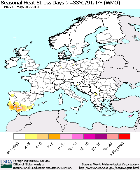 Europe Seasonal Heat Stress Days >=35°C/95°F (WMO) Thematic Map For 3/1/2019 - 5/31/2019
