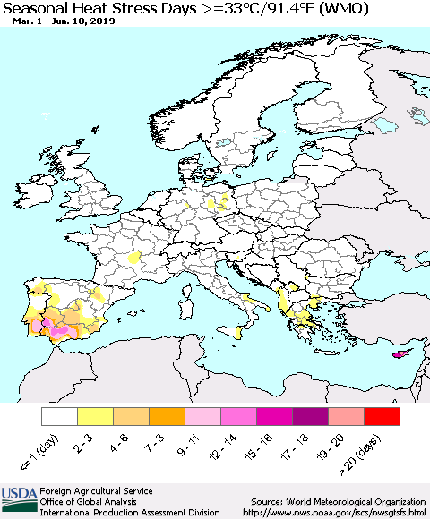 Europe Seasonal Heat Stress Days >=35°C/95°F (WMO) Thematic Map For 3/1/2019 - 6/10/2019