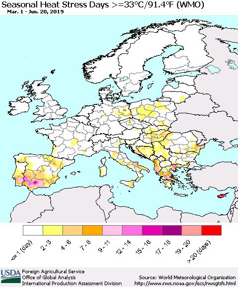 Europe Seasonal Heat Stress Days >=35°C/95°F (WMO) Thematic Map For 3/1/2019 - 6/20/2019