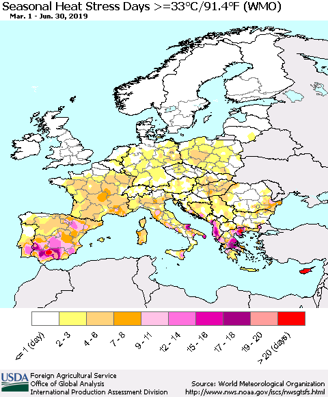 Europe Seasonal Heat Stress Days >=35°C/95°F (WMO) Thematic Map For 3/1/2019 - 6/30/2019