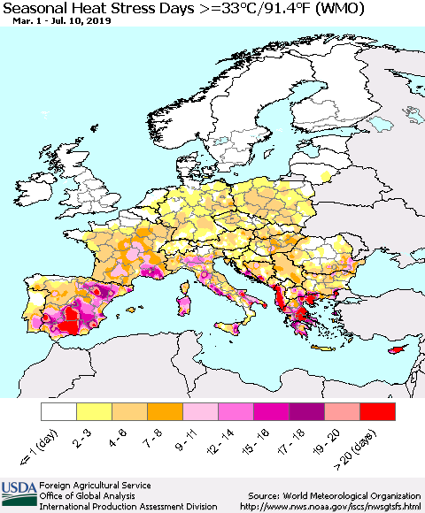 Europe Seasonal Heat Stress Days >=35°C/95°F (WMO) Thematic Map For 3/1/2019 - 7/10/2019