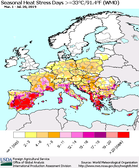 Europe Seasonal Heat Stress Days >=35°C/95°F (WMO) Thematic Map For 3/1/2019 - 7/20/2019