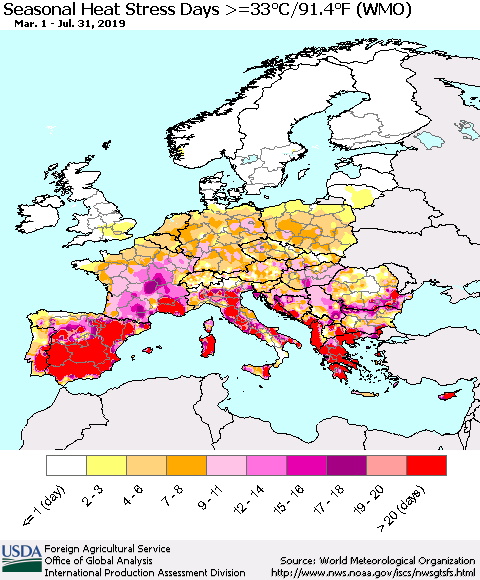 Europe Seasonal Heat Stress Days >=35°C/95°F (WMO) Thematic Map For 3/1/2019 - 7/31/2019